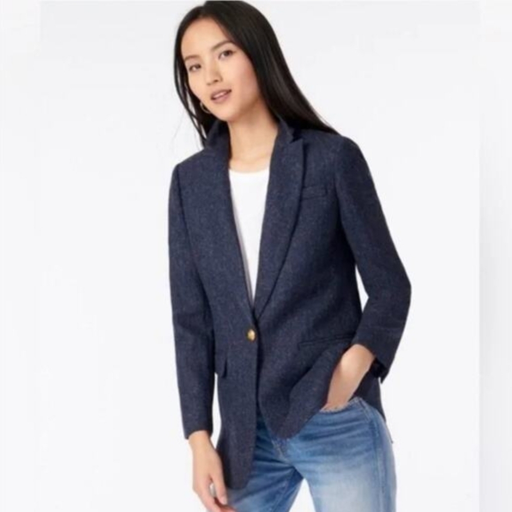 J. Crew‎ Long Parke Blazer In Navy Herringbone English Wool - Picture 2 of 16